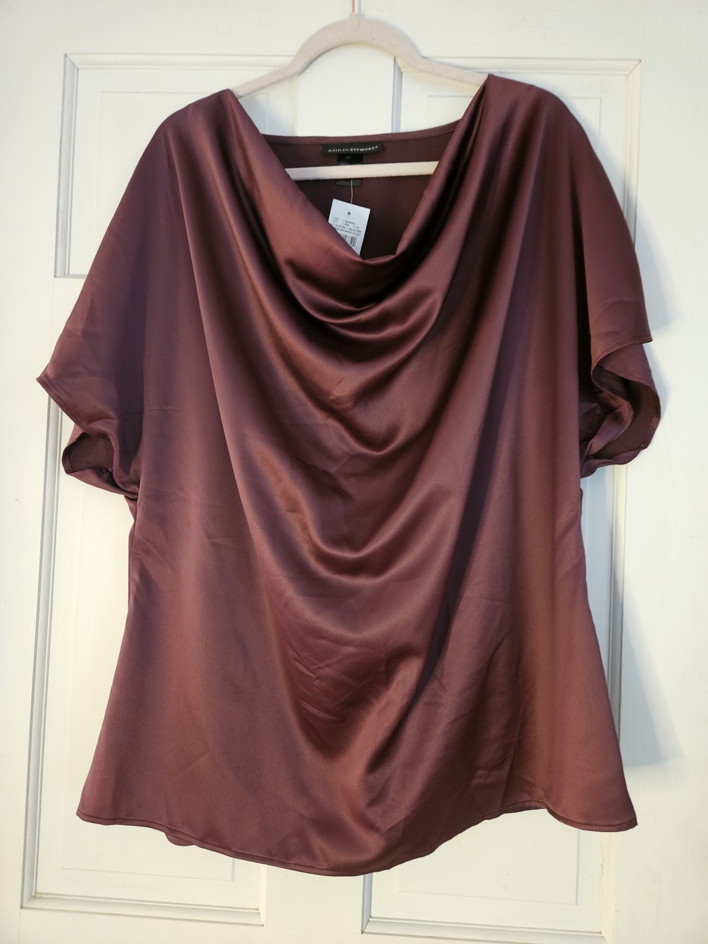 Ashley Stewart Satin Cowl Neck Blouse in Plum.